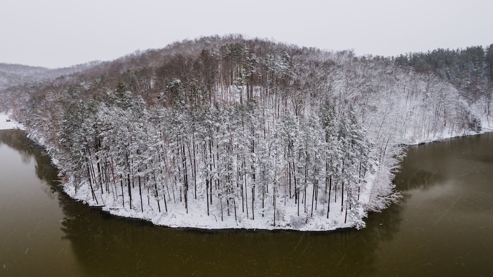 A snow-covered forest island surrounded by a river.
