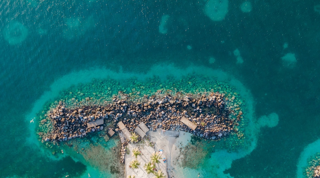 An aerial view of a tropical island with clear turquoise waters, a sandy beach, and scattered palm trees.