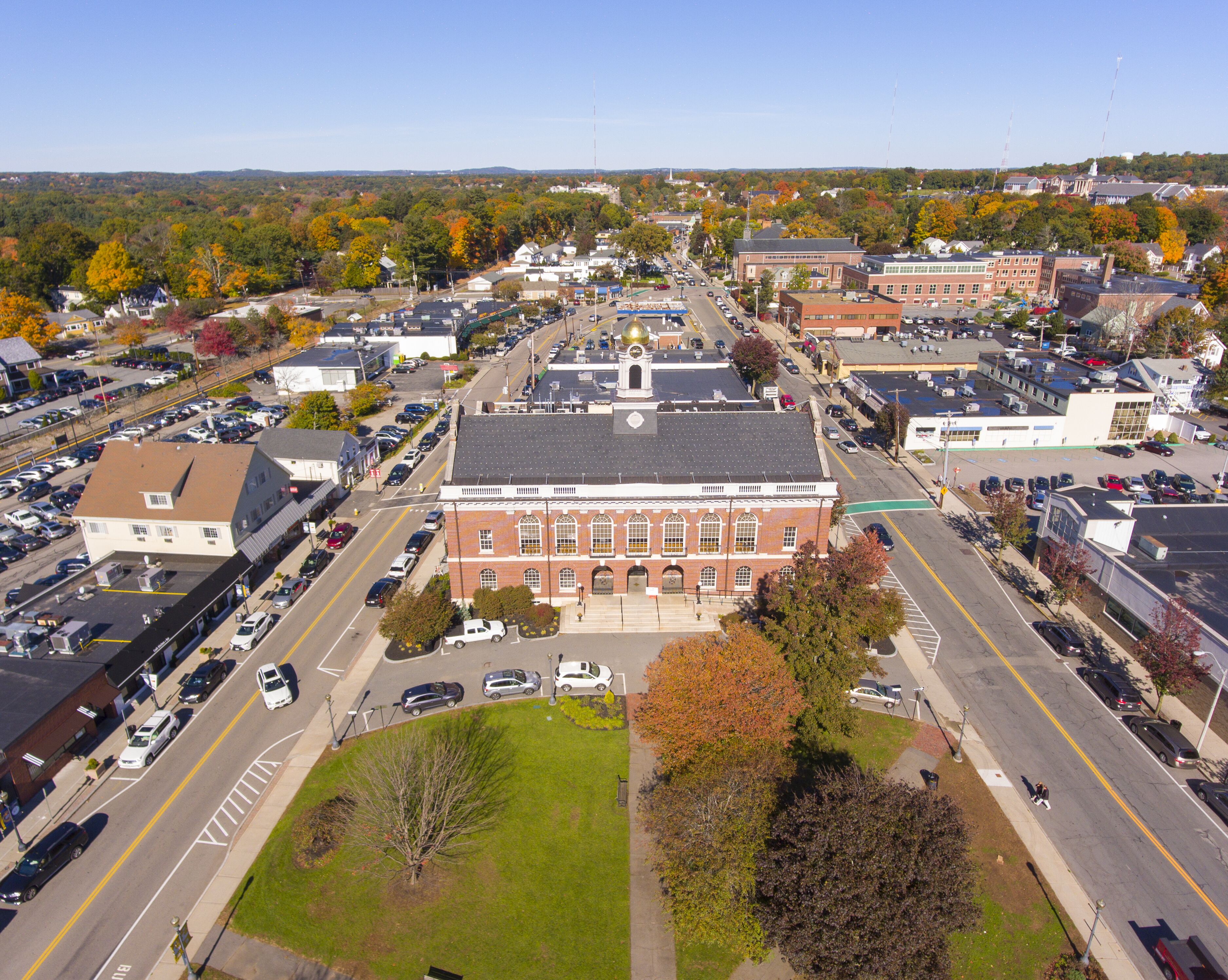 Town Hall and Historic building aerial view in Needham, Massachusetts, USA.