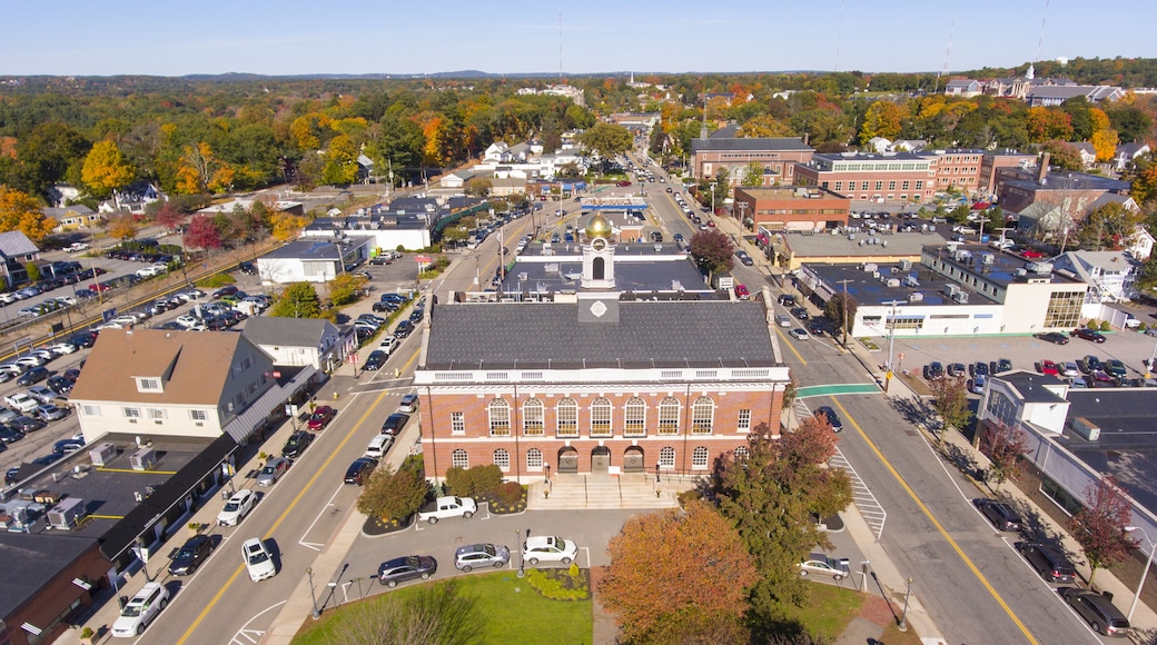 Town Hall and Historic building aerial view in Needham, Massachusetts, USA.