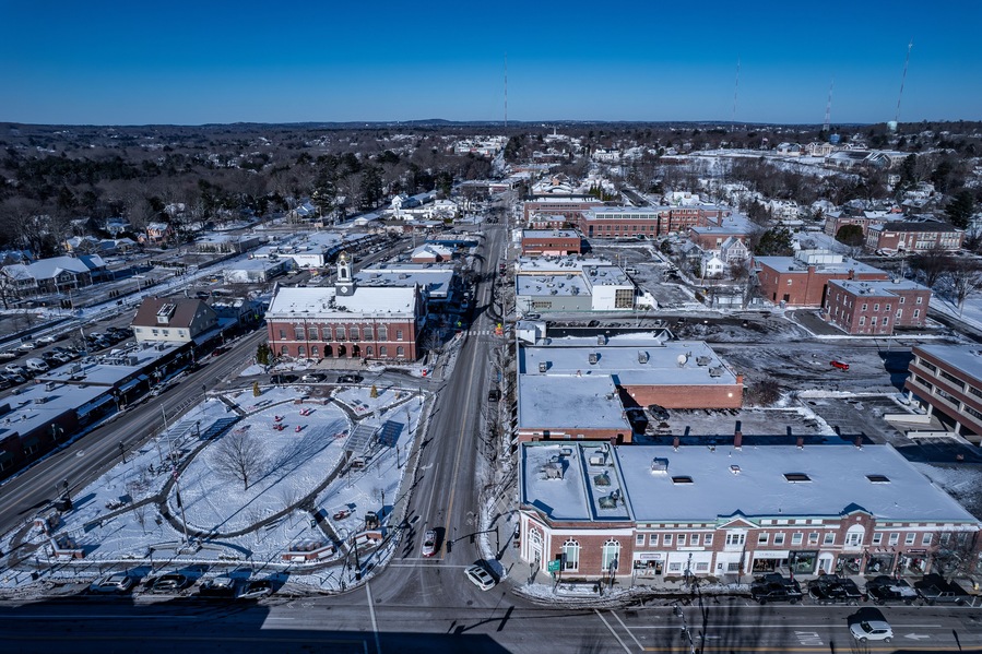 Aerial view of Needham, Massachusetts in winter
