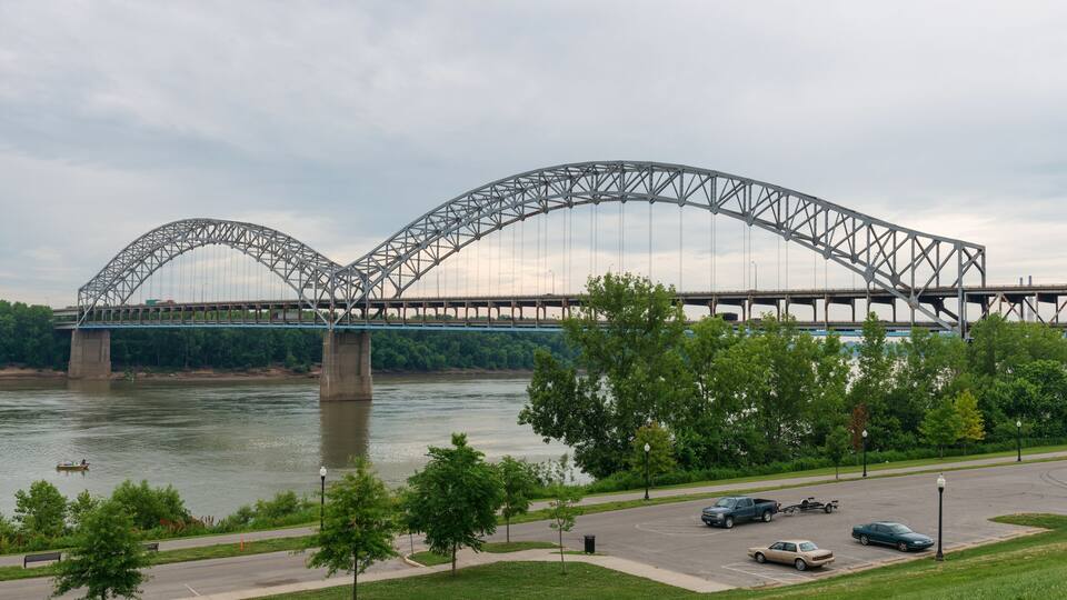 A large steel bridge over a river with cars on the road and trees in the foreground.