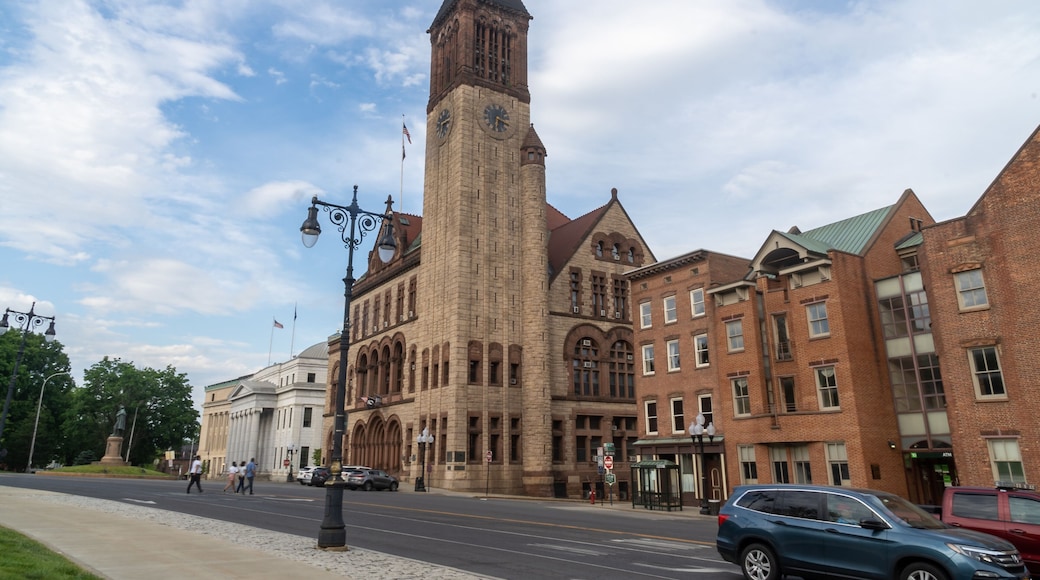 Albany, NY - USA - May 22, 2021: A landscape view of the historic Richardsonian Romanesque Albany City Hall, the seat of government of the city of Albany, New York. Featuring a 202-foot tall tower.