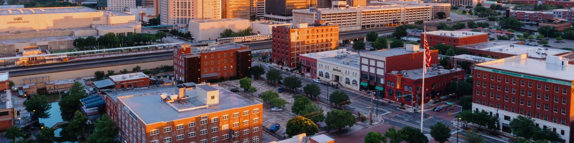 Bricktown and downtown city skyline, Oklahoma City, Oklahoma, United States of America.