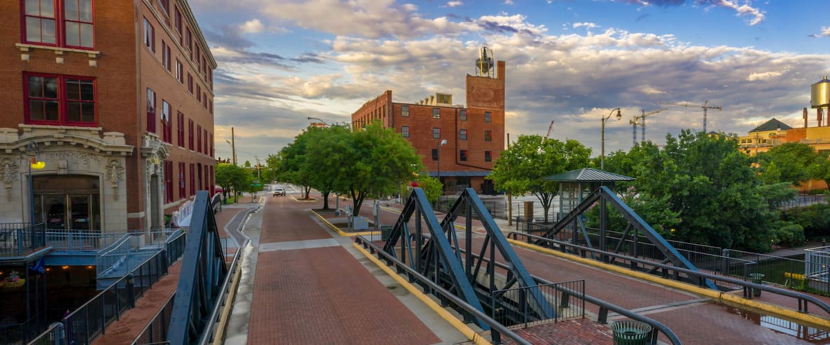 Bridge over a canal in Bricktown, Oklahoma City, Oklahoma, United States of America.