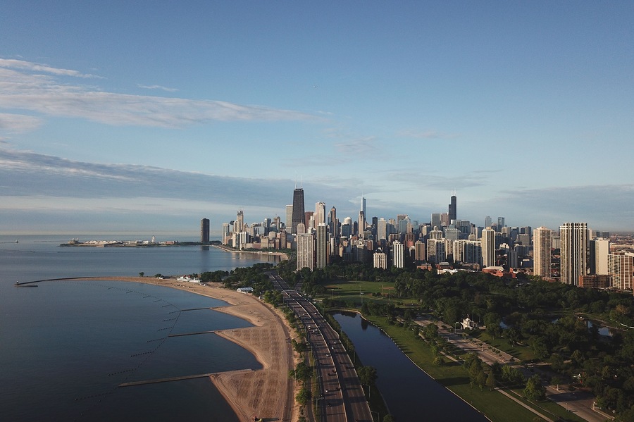 panorama of Chicago from the height and lake Michigan, skyscrapers morning sun