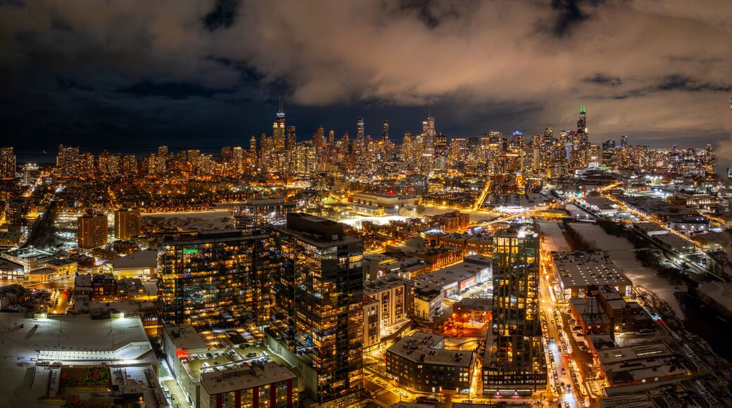 Aerial View of Chicago Skyline and Suburbs at Night - Urban Cityscape February 2026 Chicago, Illinois, Midwest, United States, Windy City.