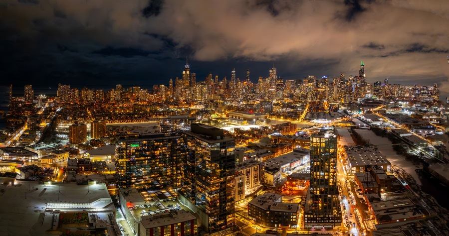 Aerial View of Chicago Skyline and Suburbs at Night - Urban Cityscape February 2026 Chicago, Illinois, Midwest, United States, Windy City.