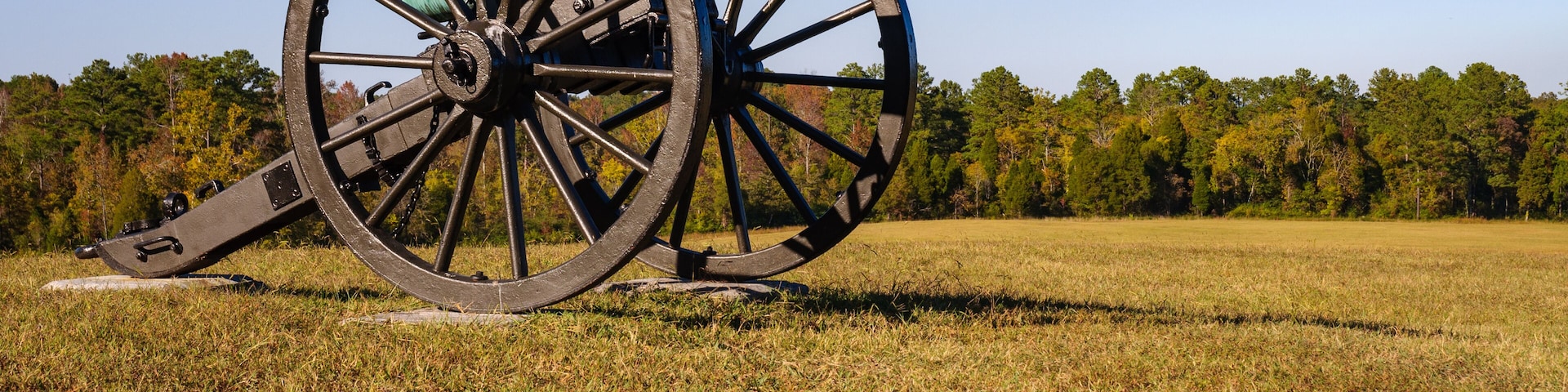 A cannon in a grassy field with trees in the background.