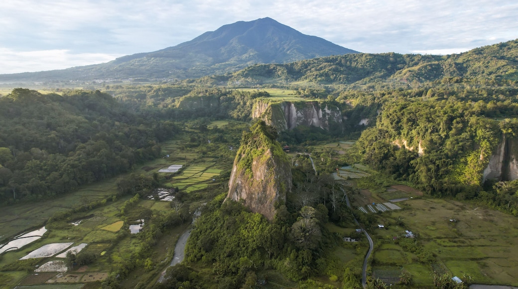 A mountainous landscape with terraced fields, a prominent rocky peak, and a distant volcano.