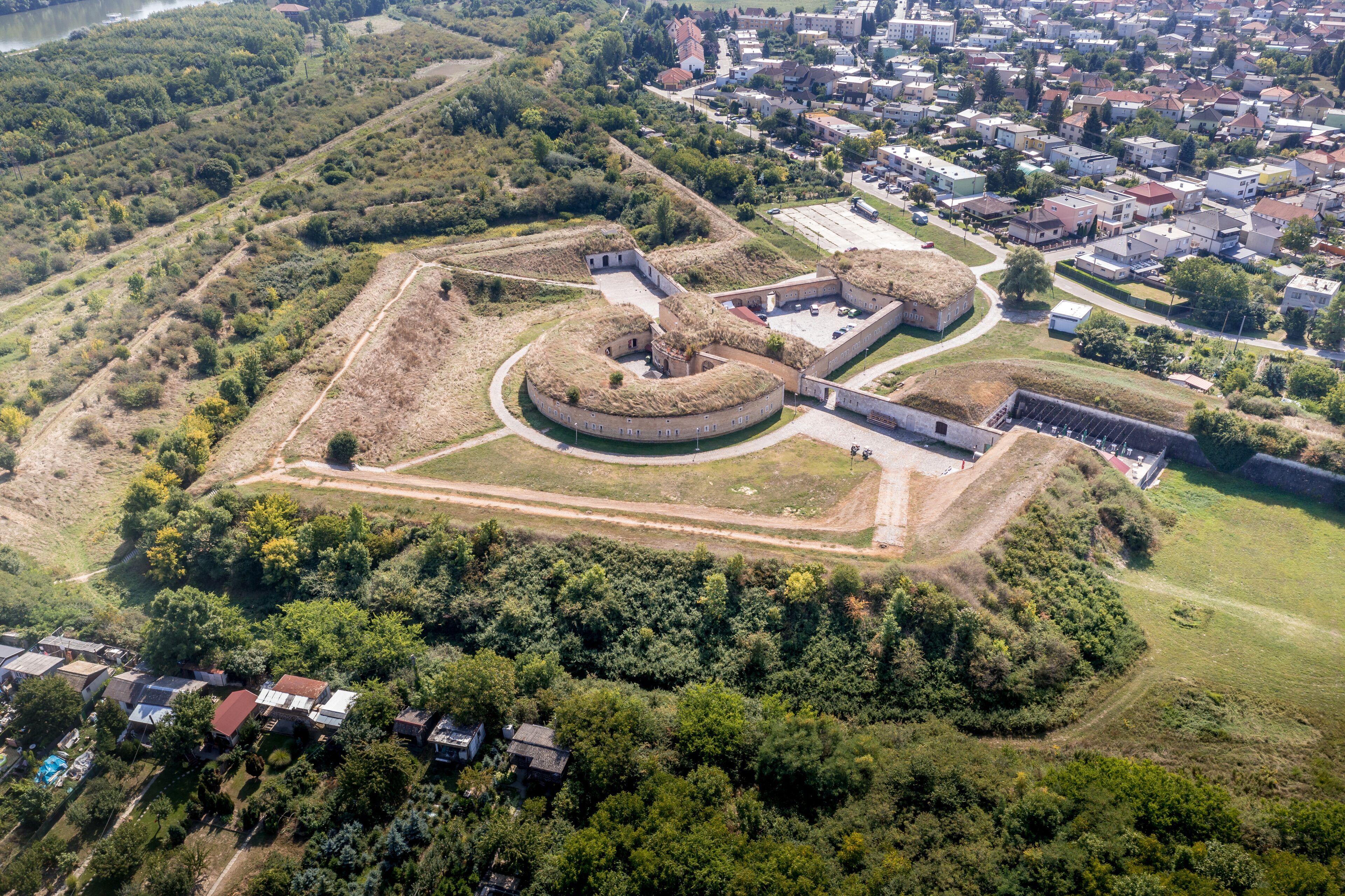 Aerial view of  rebuilt fortifications of the Nador line around the fortress town Komarno in Slovakia