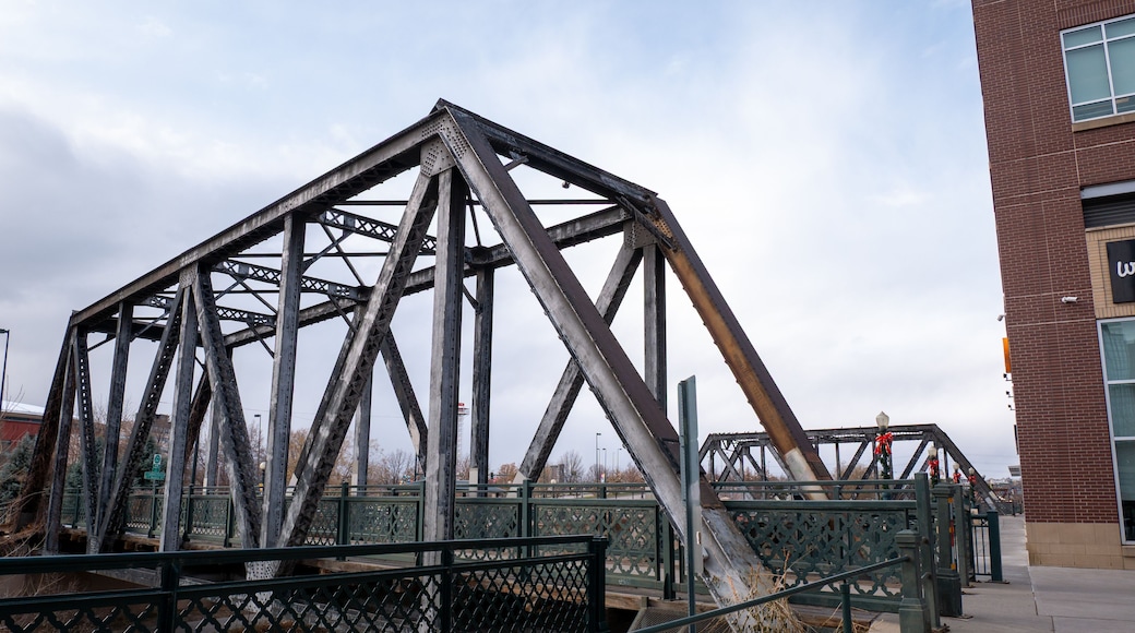 Uma ponte de aço com estrutura treliçada, cercada por uma grade e um edifício ao fundo.