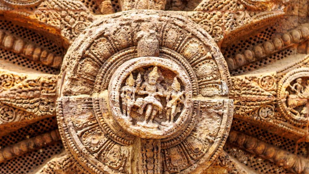 Big stone wheel of the Sun temple in Konark, Odisha, India, Asia