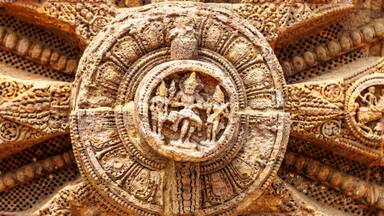 Big stone wheel of the Sun temple in Konark, Odisha, India, Asia