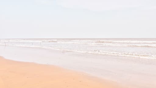 Una playa con olas suaves y cielo despejado.