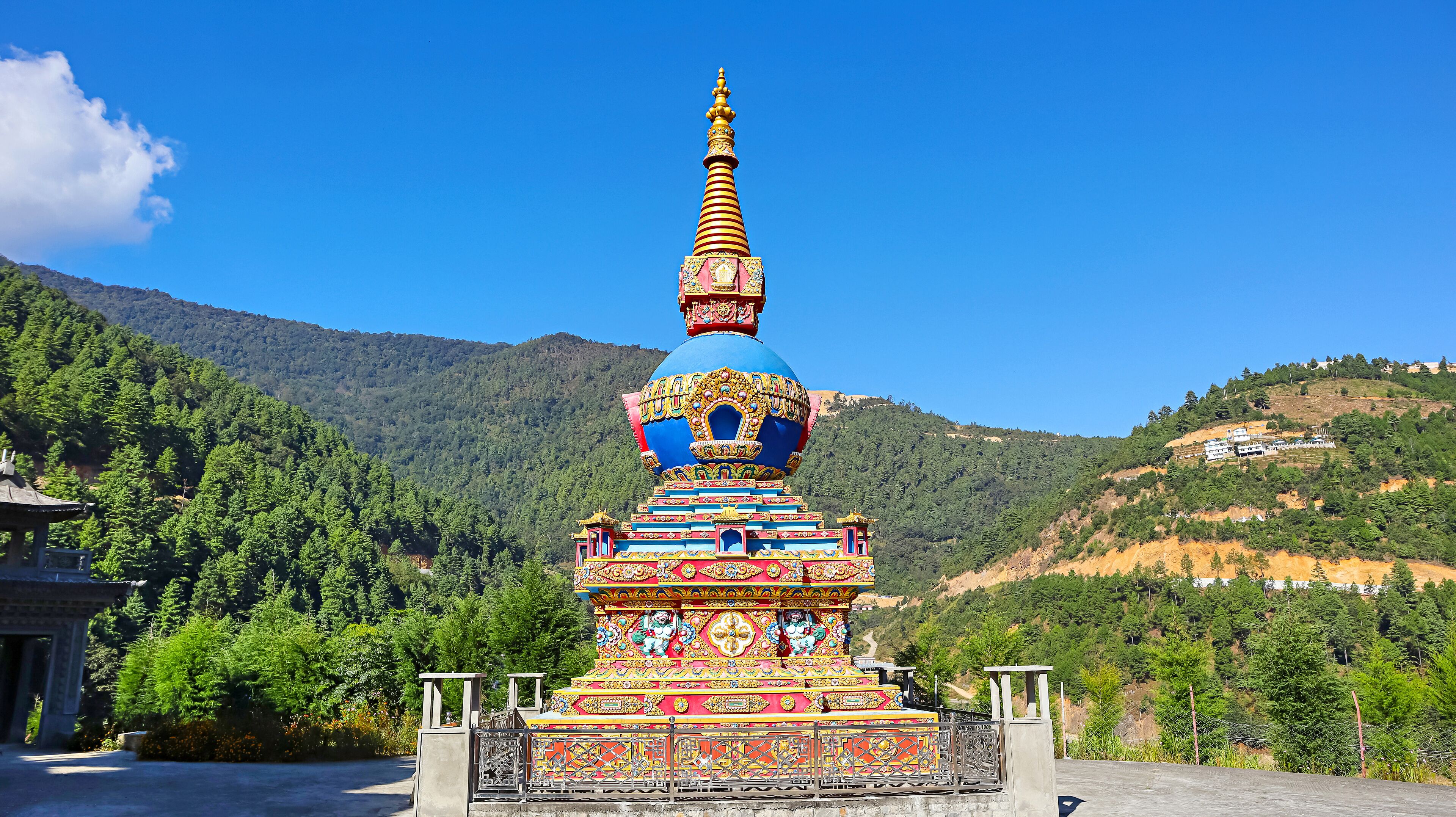 Vibrant blue Gompa situated near Thupsung Dhargye Ling Monastery, Dirang, West Kameng, Arunachal Pradesh, India.