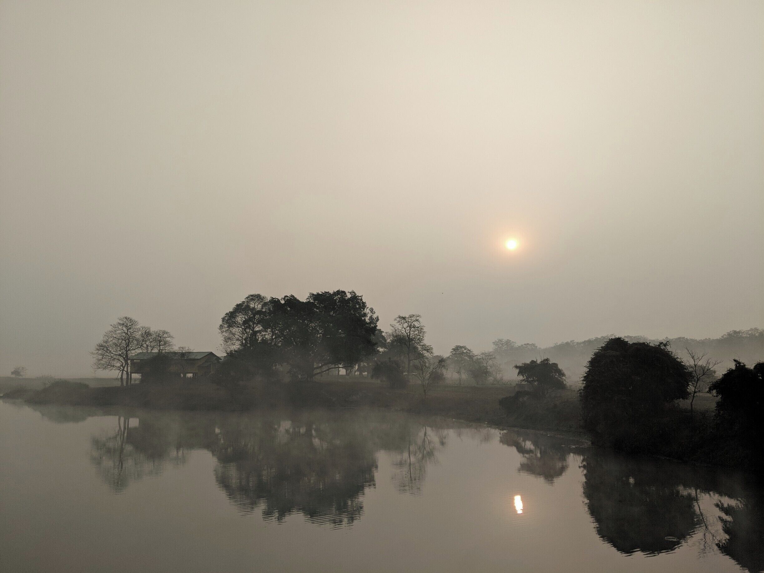 A misty landscape with a calm body of water reflecting trees and a house.