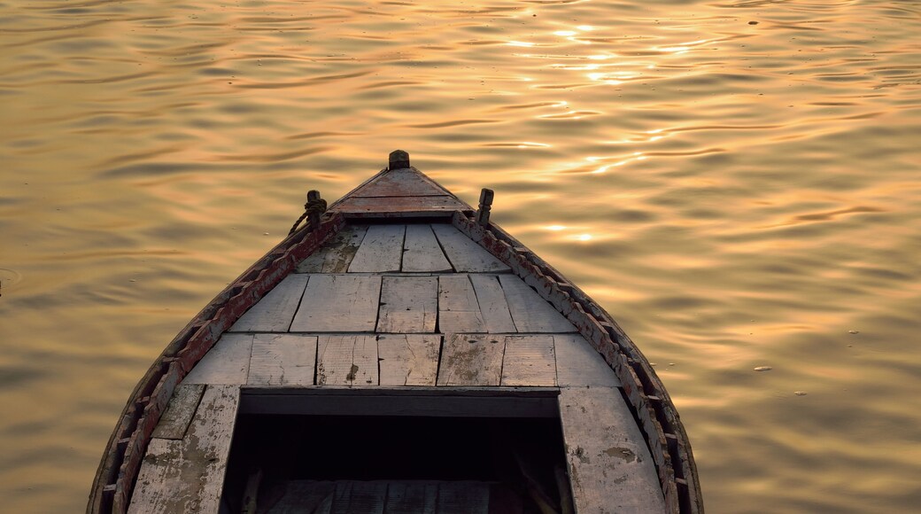 Travel Background Boat Ride at Ganges river in Varanasi, India