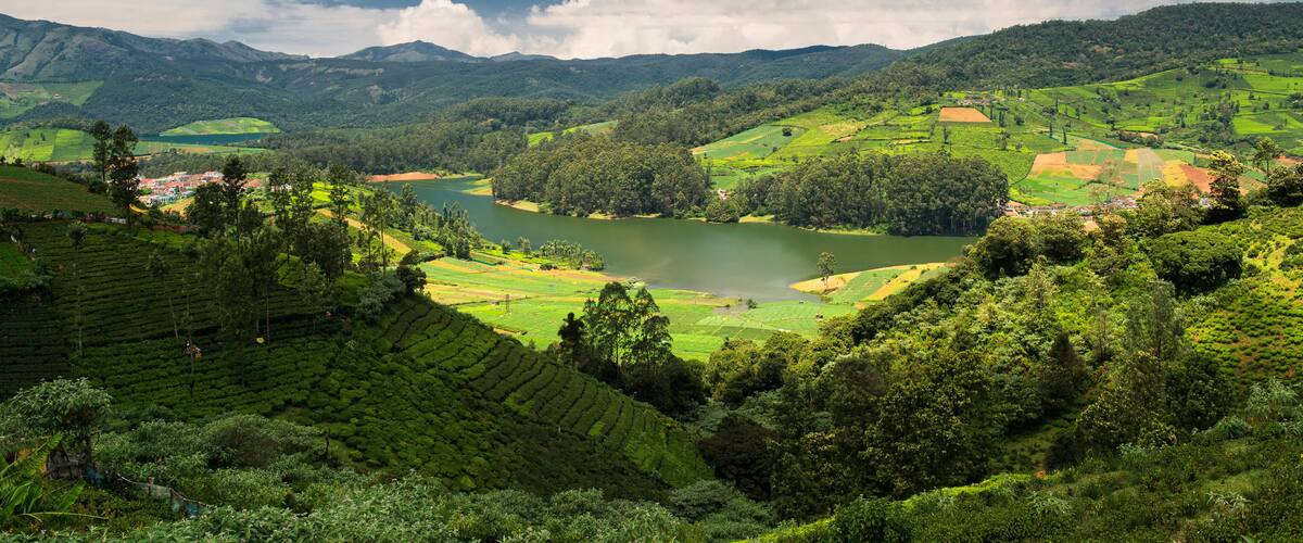 A lush valley with terraced tea plantations, a river, and rolling hills under a partly cloudy sky.
