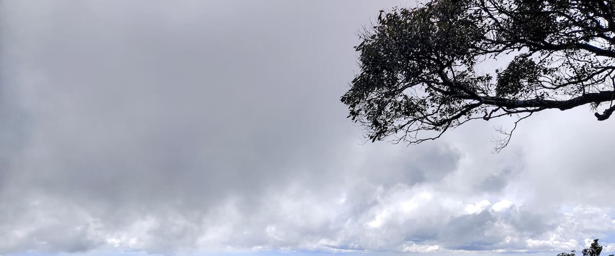 A mountainous landscape with dense forests and a cloudy sky.