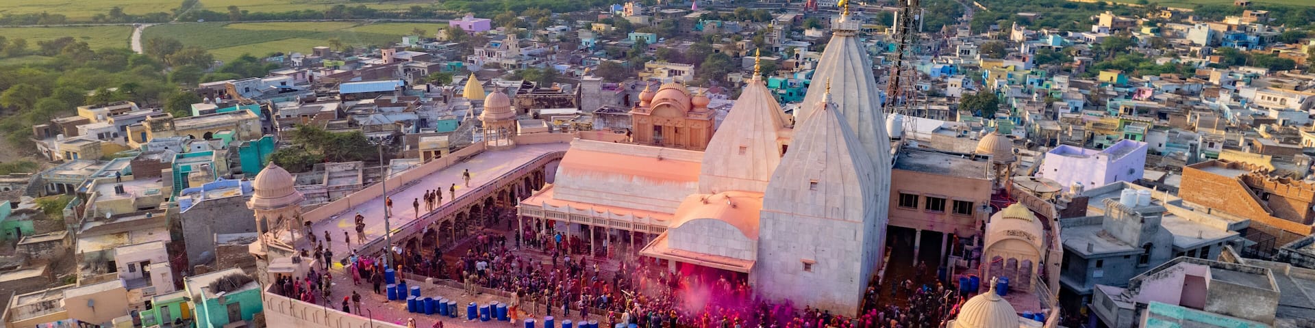 Aerial view of Holi festival celebration near Shri Nand Baba Temple, Nandgaon, Uttar Pradesh, India.