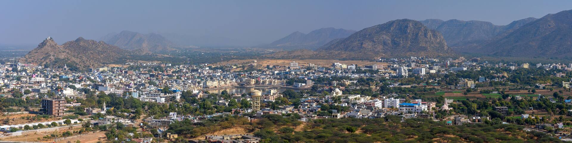 Panorama view of Pushkar city and lake in the Ajmer district in the Indian state of Rajasthan.
