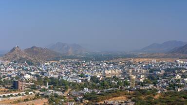 Panorama view of Pushkar city and lake in the Ajmer district in the Indian state of Rajasthan.