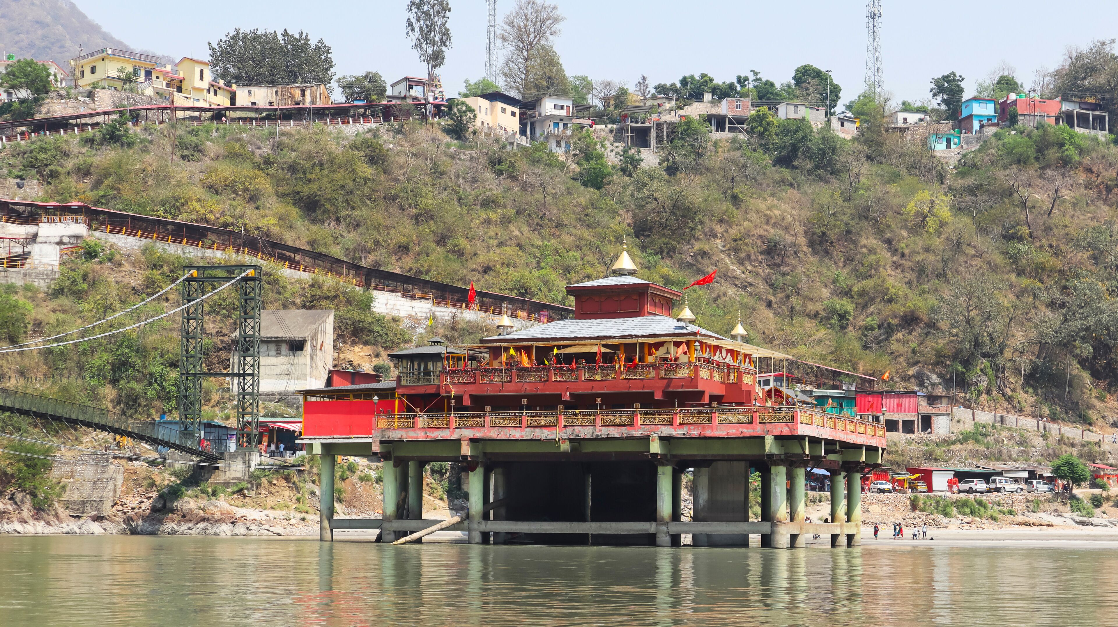 Rear view of the Dhari Devi Temple, situated centrally on the Alaknanda River in Dhari, Srinagar, Uttarakhand, India.