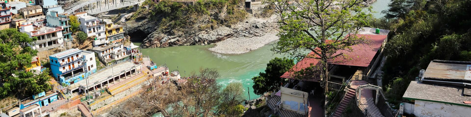 Confluence of Alaknanda and Bhagirathi Rivers at Sangam Point, Devprayag, Tehri Garhwal, Chamoli, Uttarakhand, India.