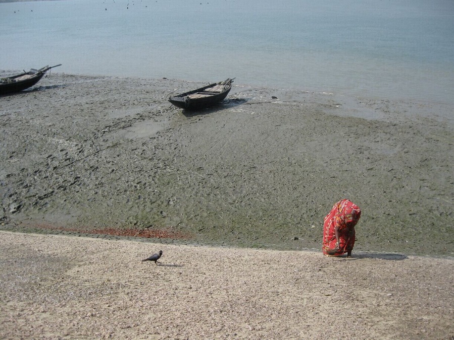 While waiting for a ferry boat to arrive to take us to the other side, I watched this woman work hunched-over for more than an hour. She is using the hand-broom to turn the shrimp over so they dry in the sun.