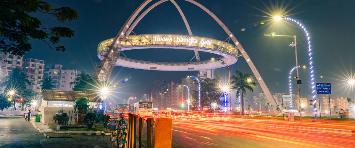 Biswa Bangla Gate located in Kolkata, West Bengal, India, Night view of a beautiful hanging restaurant