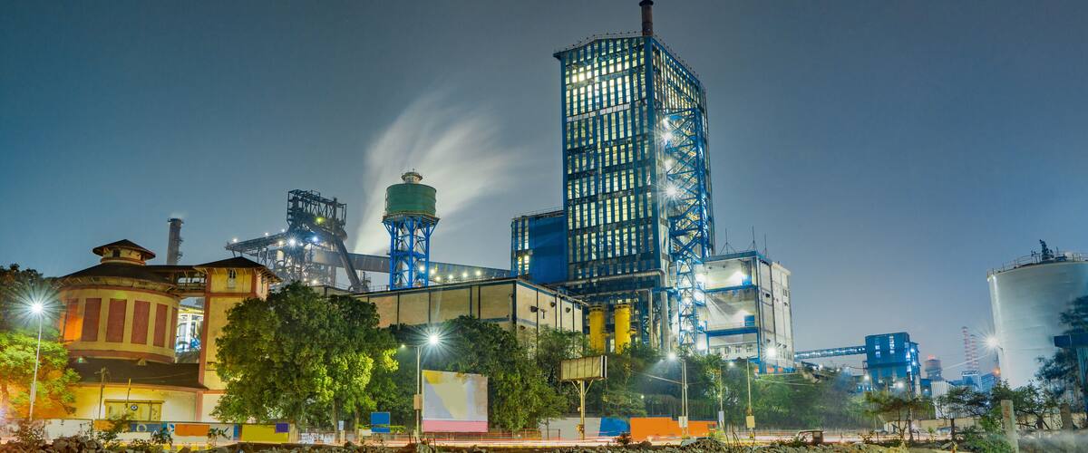 Large Steel plant with the chimney at night from Jamshedpur, Jharkhand, India