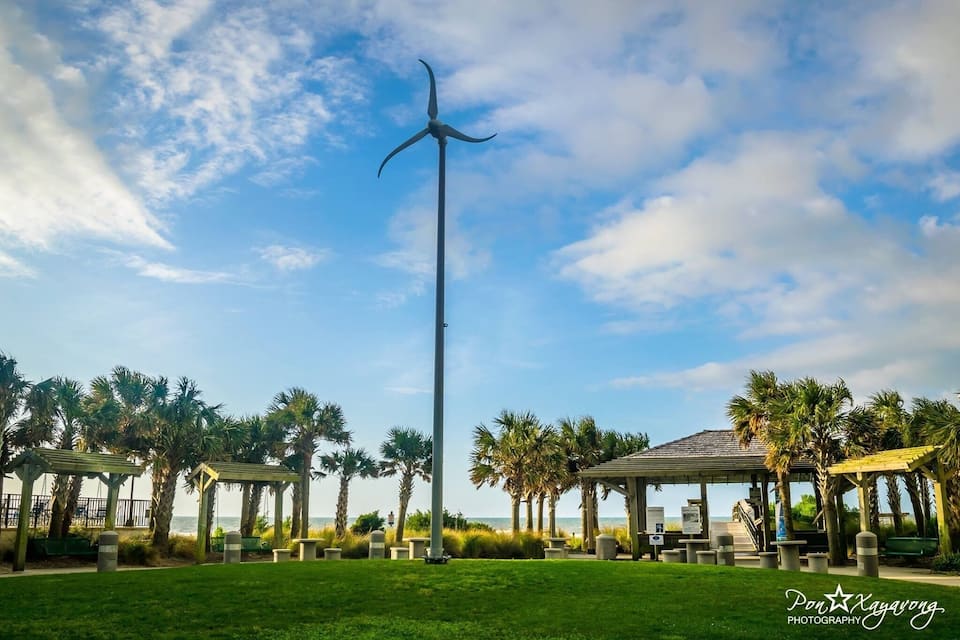 A wind turbine, palm trees, and a gazebo by the beach.