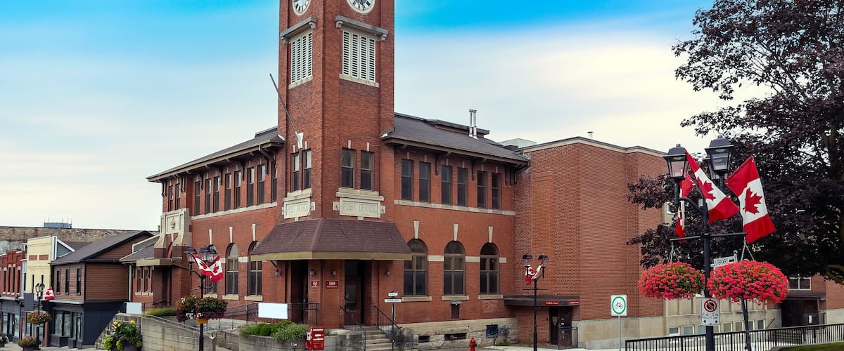 Post Office Building (1914) exterior in the old town of Newmarket, Ontario, Canada.
