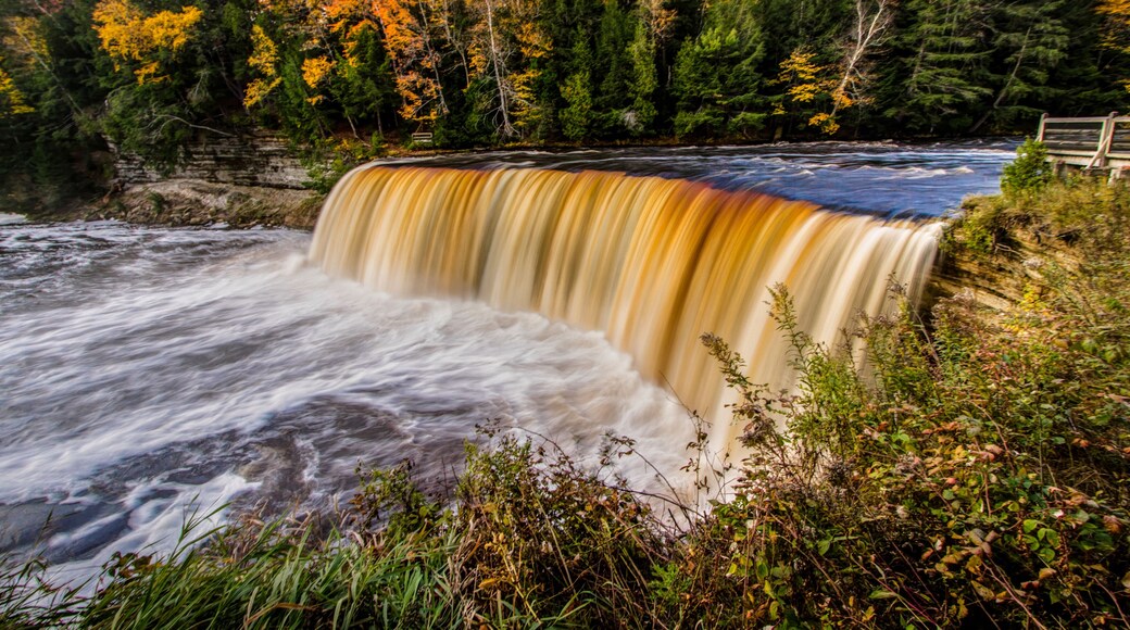 Scenic Michigan Autumn Waterfall Panorama. Upper Tahquamenon Falls in the Paradise Newberry area of the Upper Peninsula in Michigan in Tahquamenon Falls State Park.