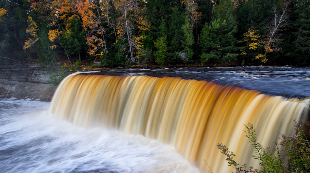 Autumn Waterfall Landscape Panorama. Tahquamenon Falls landscape in autumn in panoramic orientation. Tahquamenon Falls State Park, Upper Peninsula, Michigan.