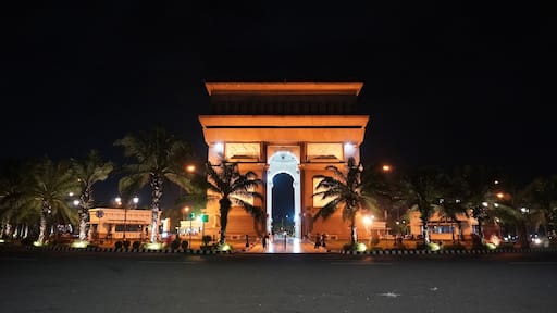 The Simpang Lima Gumul Monument, located at the intersection of five roads in Kediri, Indonesia, at night. One of the iconic tourist attractions in Kediri Regency, Indonesia.