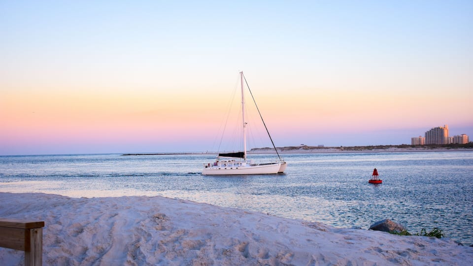 A sailboat on calm waters with a city skyline in the background.