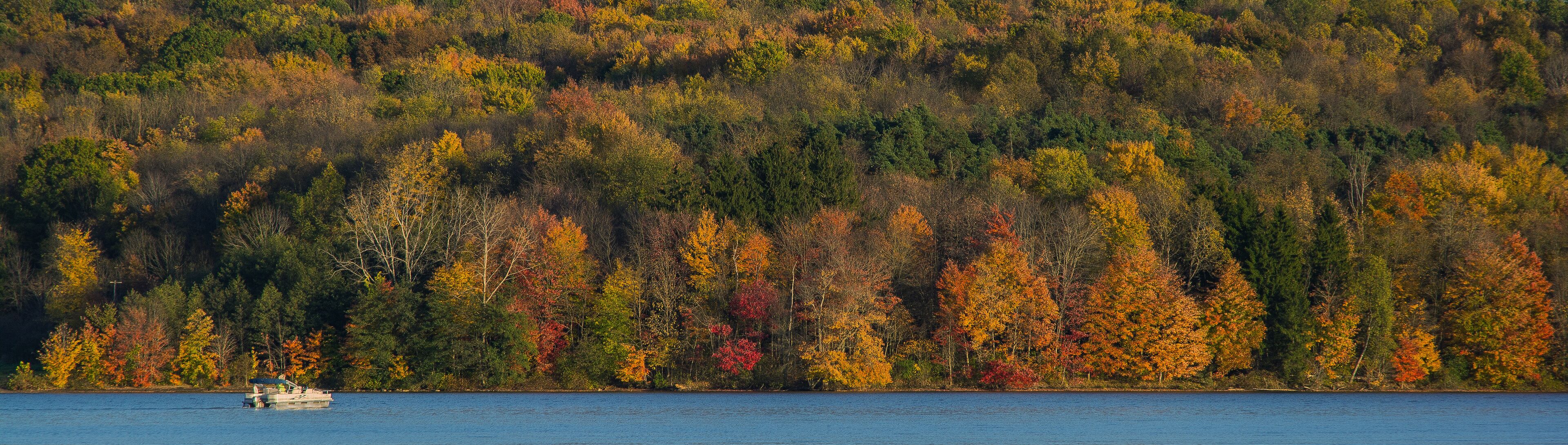 A lake surrounded by a forest with autumn foliage.