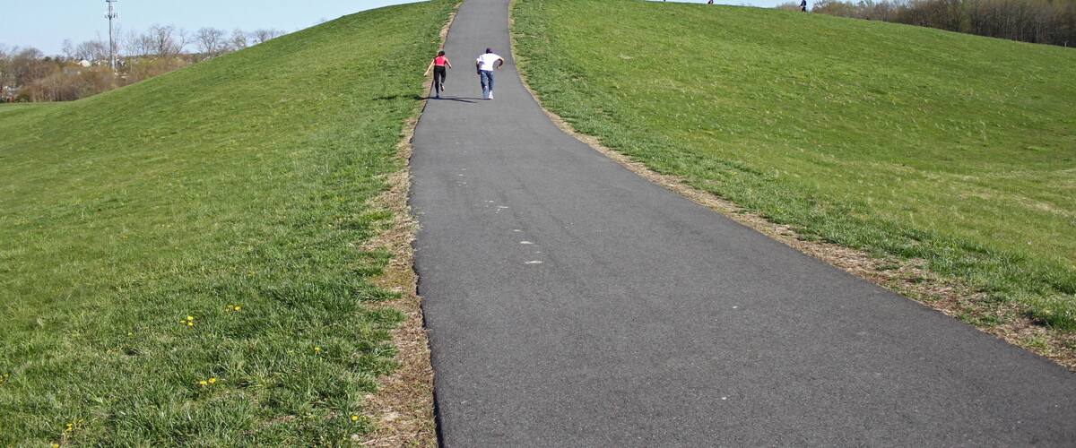 A paved path on a grassy hill with people walking.