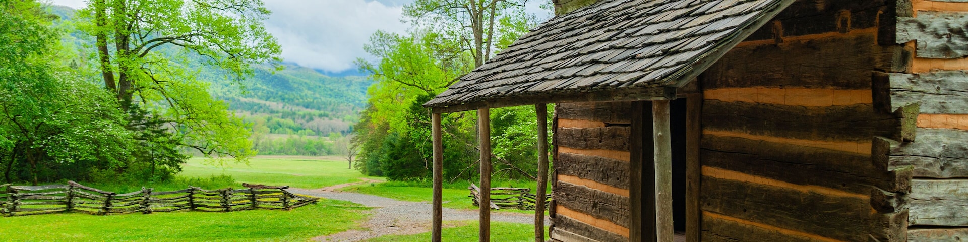 Cades Cove in the Great Smoky Mountains National Park.,, a scenic valley surrounded on all sides by mountains south of Townsend, Tennessee with hiking trails and many historic homesites, cemeteries,