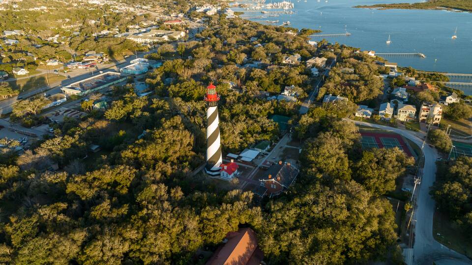 Aerial view of St Augustine Lighthouse during sunrise.