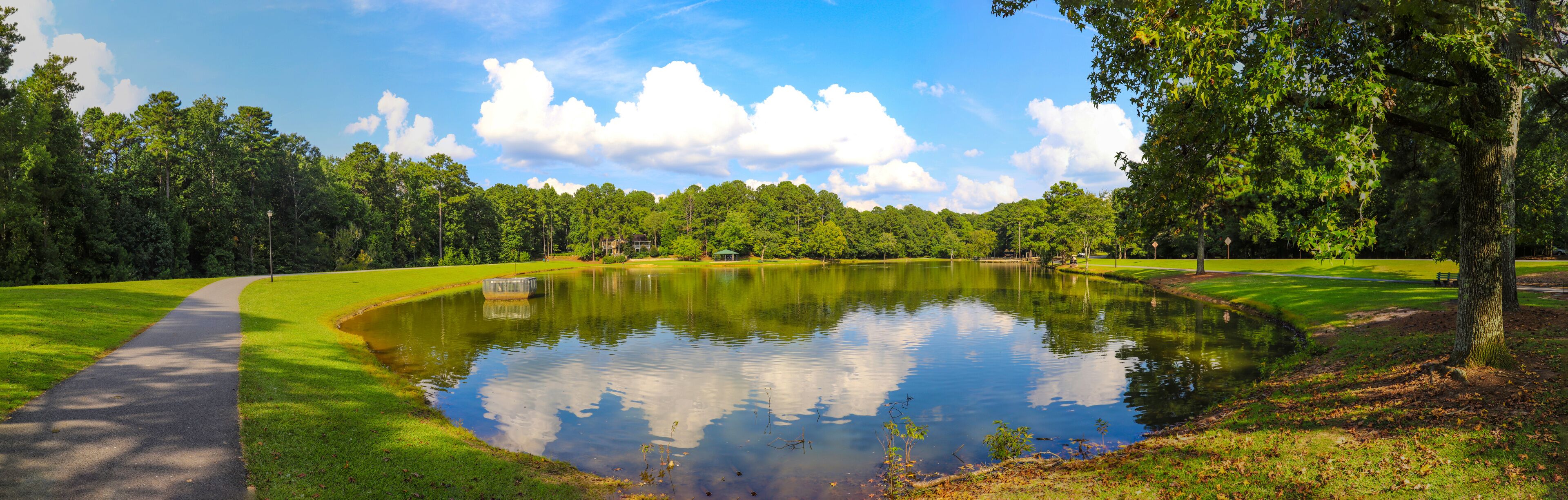 a stunning panoramic shot of vast silky green lake water surrounded by lush green trees with mallard ducks and geese and blue sky and clouds at Huddleston Pond Park in Peachtree City Georgia