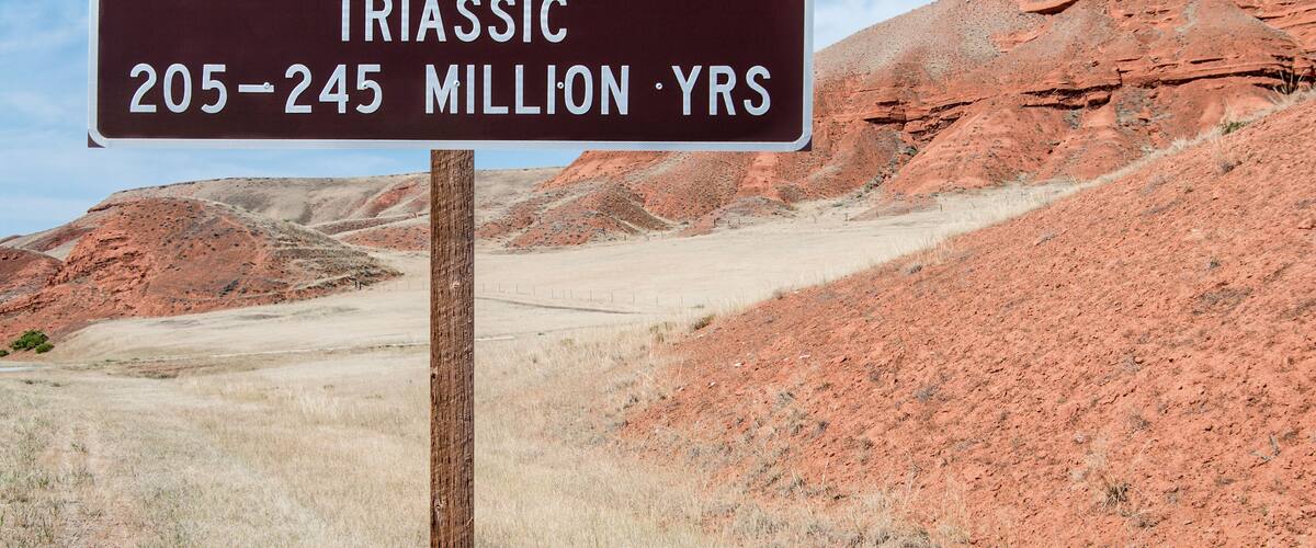 A sign indicating Chugwater FM Triassic 205-245 million years.