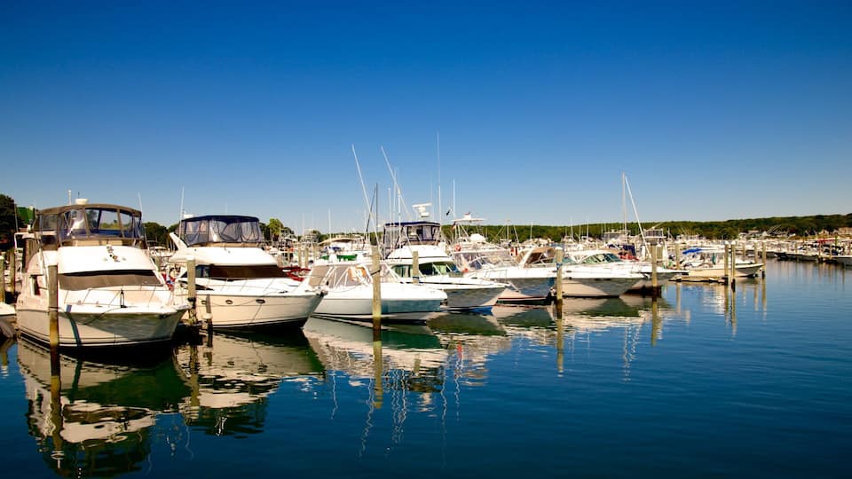 A marina with several boats docked in calm waters.
