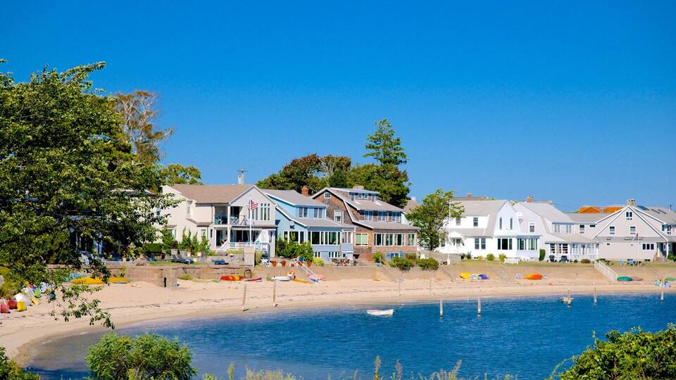 A coastal residential area with houses by the beach and a clear blue sky.