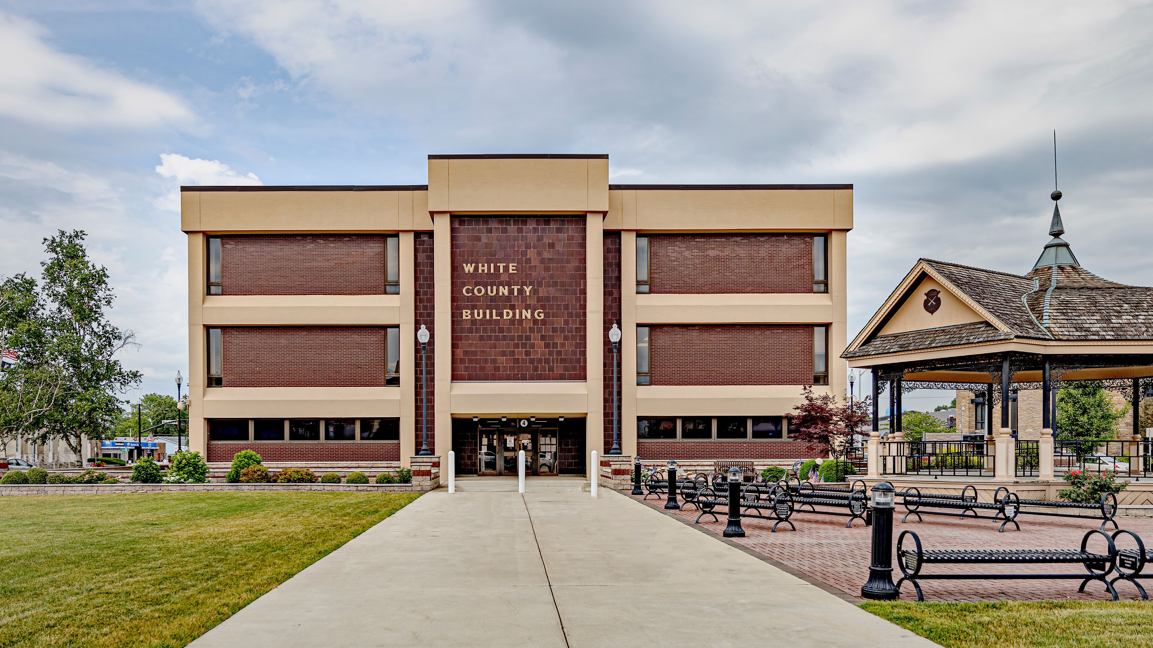 The White County Building with a brick facade and a central entrance.