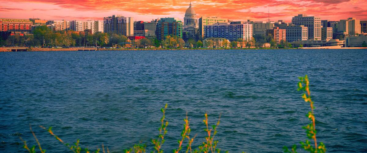 Madison Skyline and the Wisconsin State Capitol from Lake Monona, Madison, Wisconsin, USA