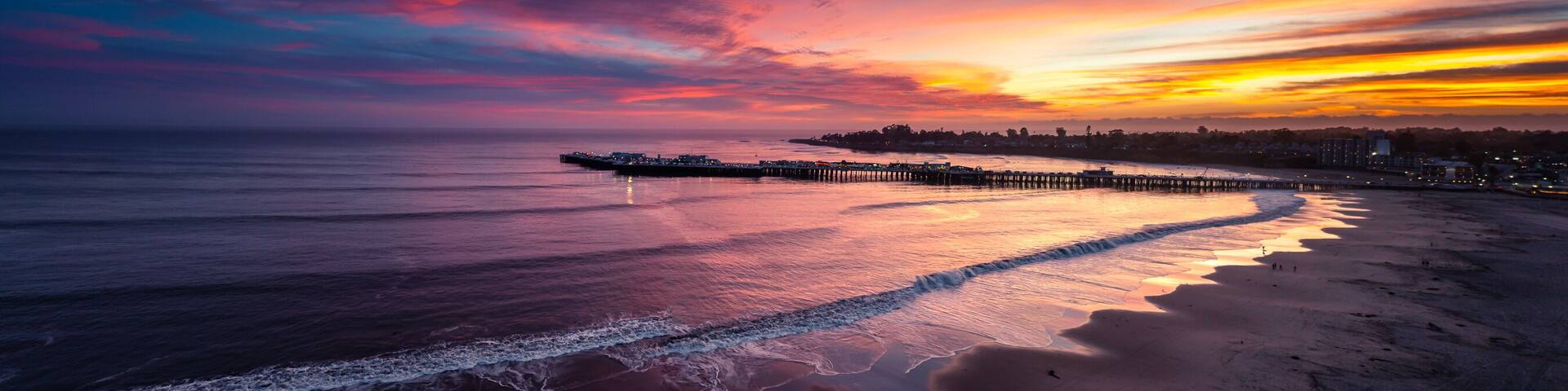 Santa Cruz Wharf Pier Aerial View at Sunset, California
