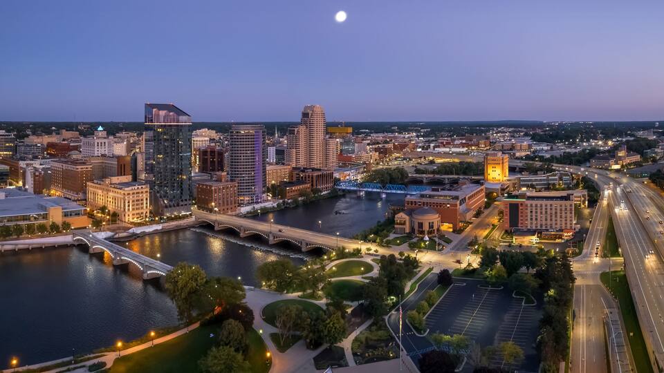 Downtown Grand Rapids aerial view, is second largest metropolitan area in entire Michigan state.